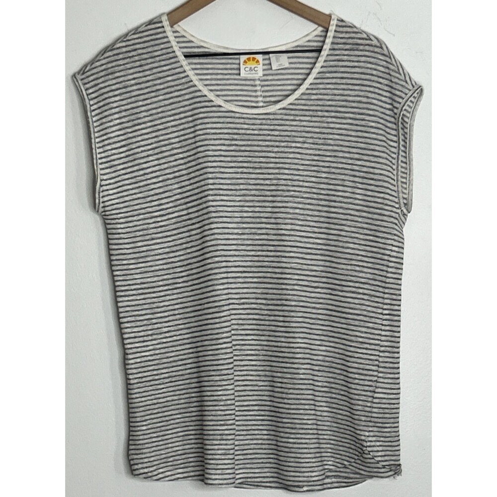 C&C California Top Womens Large Striped Linen Slubbed Casual Tank Shirt